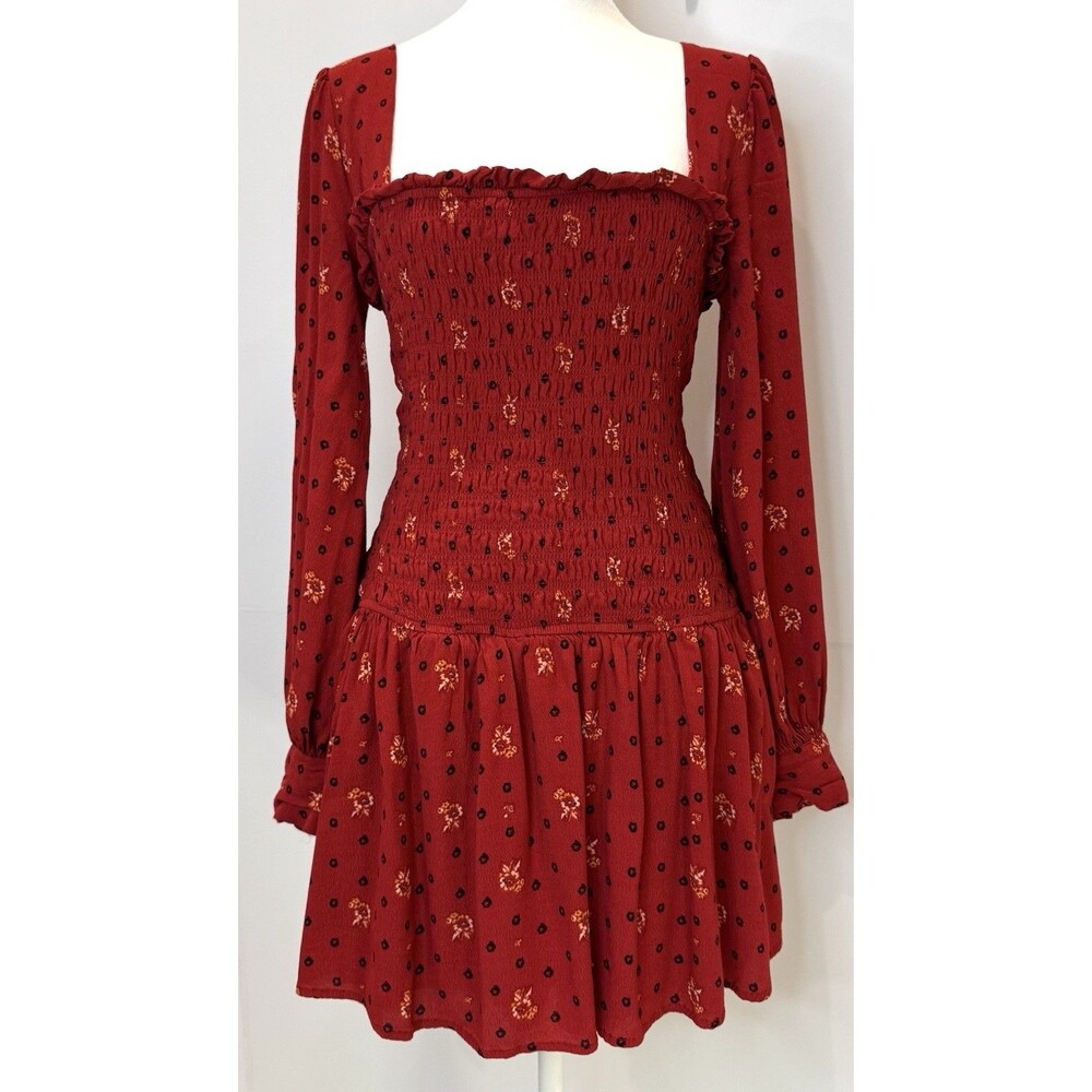 Free People Two Faces Floral Mini Dress Ruby Red Smocked Women's Small